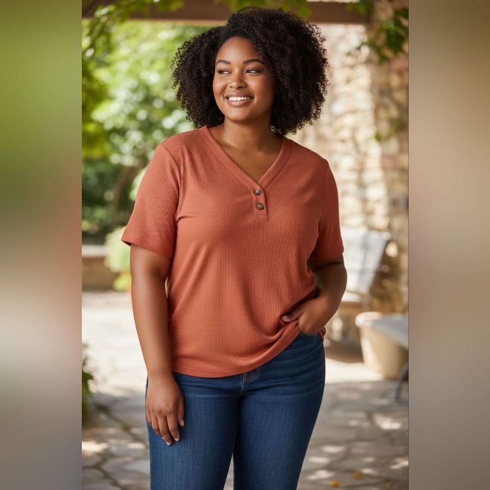 BloomChic Shirt Womens Size 18 20 Rust Waffle Weave V Neck Tee Short Sle…